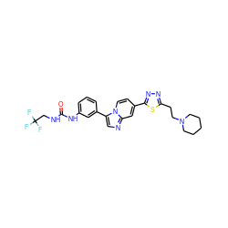 O=C(NCC(F)(F)F)Nc1cccc(-c2cnc3cc(-c4nnc(CCN5CCCCC5)s4)ccn23)c1 ZINC000147434074