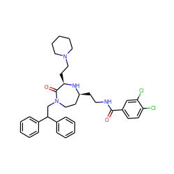 O=C(NCC[C@H]1CCN(CC(c2ccccc2)c2ccccc2)C(=O)[C@@H](CCN2CCCCC2)N1)c1ccc(Cl)c(Cl)c1 ZINC000206923656