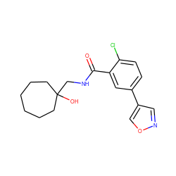 O=C(NCC1(O)CCCCCC1)c1cc(-c2cnoc2)ccc1Cl ZINC000072179471