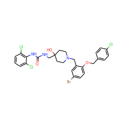 O=C(NCC1(O)CCN(Cc2cc(Br)ccc2OCc2ccc(Cl)cc2)CC1)Nc1c(Cl)cccc1Cl ZINC000028822133