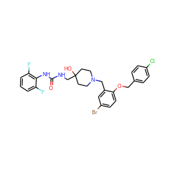 O=C(NCC1(O)CCN(Cc2cc(Br)ccc2OCc2ccc(Cl)cc2)CC1)Nc1c(F)cccc1F ZINC000028822132