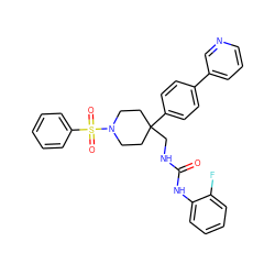 O=C(NCC1(c2ccc(-c3cccnc3)cc2)CCN(S(=O)(=O)c2ccccc2)CC1)Nc1ccccc1F ZINC000028137462