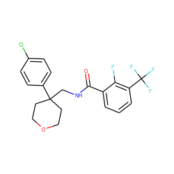 O=C(NCC1(c2ccc(Cl)cc2)CCOCC1)c1cccc(C(F)(F)F)c1F ZINC000429818392