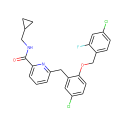 O=C(NCC1CC1)c1cccc(Cc2cc(Cl)ccc2OCc2ccc(Cl)cc2F)n1 ZINC000095595097