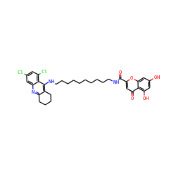 O=C(NCCCCCCCCCCNc1c2c(nc3cc(Cl)cc(Cl)c13)CCCC2)c1cc(=O)c2c(O)cc(O)cc2o1 ZINC000084619667