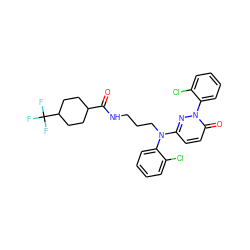 O=C(NCCCN(c1ccc(=O)n(-c2ccccc2Cl)n1)c1ccccc1Cl)C1CCC(C(F)(F)F)CC1 ZINC000014961583