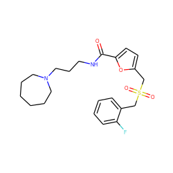 O=C(NCCCN1CCCCCC1)c1ccc(CS(=O)(=O)Cc2ccccc2F)o1 ZINC000004436412