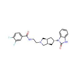 O=C(NCCN1C[C@H]2C[C@H](n3c(=O)[nH]c4ccccc43)C[C@H]2C1)c1ccc(F)c(F)c1 ZINC000299836274