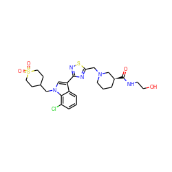 O=C(NCCO)[C@H]1CCCN(Cc2nc(-c3cn(CC4CCS(=O)(=O)CC4)c4c(Cl)cccc34)ns2)C1 ZINC000084619494