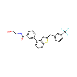 O=C(NCCO)c1cccc(-c2cccc3sc(Cc4cccc(C(F)(F)F)c4)cc23)c1 ZINC000117309344