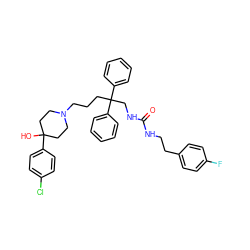 O=C(NCCc1ccc(F)cc1)NCC(CCCN1CCC(O)(c2ccc(Cl)cc2)CC1)(c1ccccc1)c1ccccc1 ZINC000027212855