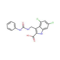 O=C(NCc1c(C(=O)O)[nH]c2cc(Cl)cc(Cl)c12)Nc1ccccc1 ZINC000013492829