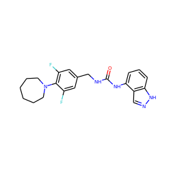 O=C(NCc1cc(F)c(N2CCCCCC2)c(F)c1)Nc1cccc2[nH]ncc12 ZINC000014973521