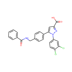 O=C(NCc1ccc(-c2cc(C(=O)O)nn2-c2ccc(Cl)c(Cl)c2)cc1)c1ccccc1 ZINC000299857521