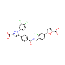 O=C(NCc1ccc(-c2ccc(C(=O)O)o2)cc1Cl)c1ccc(-c2cc(C(=O)O)nn2-c2ccc(Cl)c(Cl)c2)cc1 ZINC000299855821