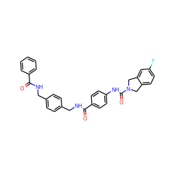 O=C(NCc1ccc(CNC(=O)c2ccc(NC(=O)N3Cc4ccc(F)cc4C3)cc2)cc1)c1ccccc1 ZINC000166917816