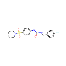 O=C(NCc1ccc(F)cc1)Nc1ccc(S(=O)(=O)N2CCCCC2)cc1 ZINC000043186184