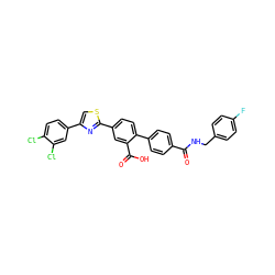 O=C(NCc1ccc(F)cc1)c1ccc(-c2ccc(-c3nc(-c4ccc(Cl)c(Cl)c4)cs3)cc2C(=O)O)cc1 ZINC000205045441