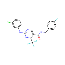 O=C(NCc1ccc(F)cc1)c1cnc(Nc2cccc(Cl)c2)nc1C(F)(F)F ZINC000028645321