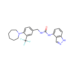 O=C(NCc1ccc(N2CCCCCC2)c(C(F)(F)F)c1)Nc1cccc2[nH]ncc12 ZINC000014973513