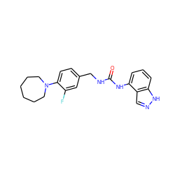 O=C(NCc1ccc(N2CCCCCC2)c(F)c1)Nc1cccc2[nH]ncc12 ZINC000014973517