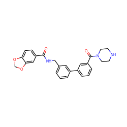 O=C(NCc1cccc(-c2cccc(C(=O)N3CCNCC3)c2)c1)c1ccc2c(c1)OCO2 ZINC000040954765