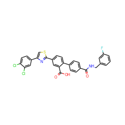 O=C(NCc1cccc(F)c1)c1ccc(-c2ccc(-c3nc(-c4ccc(Cl)c(Cl)c4)cs3)cc2C(=O)O)cc1 ZINC000205045474