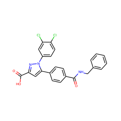 O=C(NCc1ccccc1)c1ccc(-c2cc(C(=O)O)nn2-c2ccc(Cl)c(Cl)c2)cc1 ZINC000299864204