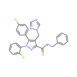 O=C(NCc1ccccc1)c1nn(-c2ccccc2Cl)c(-c2ccc(Cl)cc2)c1Cn1cncn1 ZINC000045338909