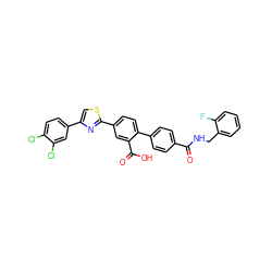 O=C(NCc1ccccc1F)c1ccc(-c2ccc(-c3nc(-c4ccc(Cl)c(Cl)c4)cs3)cc2C(=O)O)cc1 ZINC000205053499