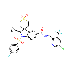 O=C(NCc1ncc(Cl)cc1C(F)(F)F)c1ccc2c(c1)C1(CCS(=O)(=O)CC1)[C@H](C1CC1)N2S(=O)(=O)c1ccc(F)cc1 ZINC000218902473