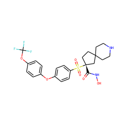 O=C(NO)[C@@]1(S(=O)(=O)c2ccc(Oc3ccc(OC(F)(F)F)cc3)cc2)CCC2(CCNCC2)C1 ZINC000299863540