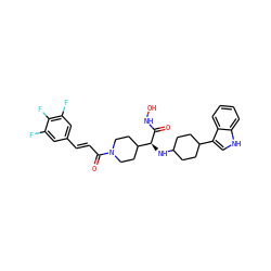 O=C(NO)[C@@H](NC1CCC(c2c[nH]c3ccccc23)CC1)C1CCN(C(=O)/C=C/c2cc(F)c(F)c(F)c2)CC1 ZINC000073169949