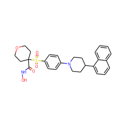 O=C(NO)C1(S(=O)(=O)c2ccc(N3CCC(c4cccc5ccccc45)CC3)cc2)CCOCC1 ZINC000049034575