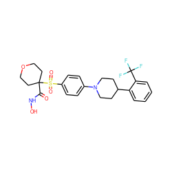 O=C(NO)C1(S(=O)(=O)c2ccc(N3CCC(c4ccccc4C(F)(F)F)CC3)cc2)CCOCC1 ZINC000049047839