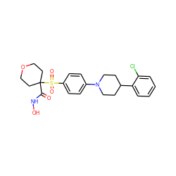 O=C(NO)C1(S(=O)(=O)c2ccc(N3CCC(c4ccccc4Cl)CC3)cc2)CCOCC1 ZINC000049047343