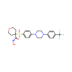 O=C(NO)C1(S(=O)(=O)c2ccc(N3CCN(c4ccc(C(F)(F)F)cc4)CC3)cc2)CCOCC1 ZINC000049035309