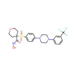 O=C(NO)C1(S(=O)(=O)c2ccc(N3CCN(c4cccc(C(F)(F)F)c4)CC3)cc2)CCOCC1 ZINC000049089757