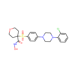 O=C(NO)C1(S(=O)(=O)c2ccc(N3CCN(c4ccccc4Cl)CC3)cc2)CCOCC1 ZINC000049089626