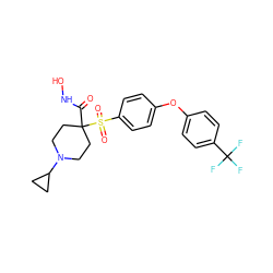 O=C(NO)C1(S(=O)(=O)c2ccc(Oc3ccc(C(F)(F)F)cc3)cc2)CCN(C2CC2)CC1 ZINC000034037921