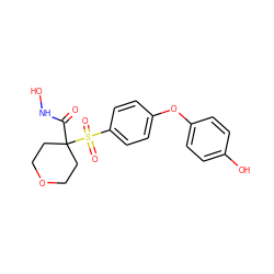 O=C(NO)C1(S(=O)(=O)c2ccc(Oc3ccc(O)cc3)cc2)CCOCC1 ZINC000072108896