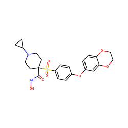 O=C(NO)C1(S(=O)(=O)c2ccc(Oc3ccc4c(c3)OCCO4)cc2)CCN(C2CC2)CC1 ZINC000072108901