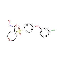 O=C(NO)C1(S(=O)(=O)c2ccc(Oc3cccc(Cl)c3)cc2)CCOCC1 ZINC000072111260