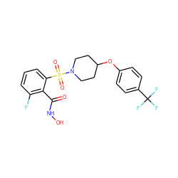 O=C(NO)c1c(F)cccc1S(=O)(=O)N1CCC(Oc2ccc(C(F)(F)F)cc2)CC1 ZINC000026487363