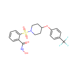 O=C(NO)c1ccccc1S(=O)(=O)N1CCC(Oc2ccc(C(F)(F)F)cc2)CC1 ZINC000026500531