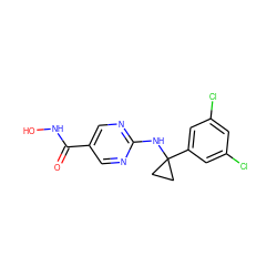 O=C(NO)c1cnc(NC2(c3cc(Cl)cc(Cl)c3)CC2)nc1 ZINC000166658253