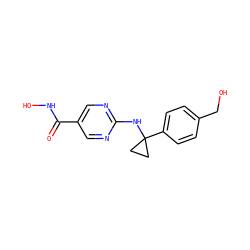 O=C(NO)c1cnc(NC2(c3ccc(CO)cc3)CC2)nc1 ZINC000169709980