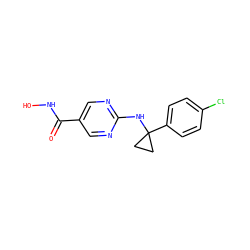 O=C(NO)c1cnc(NC2(c3ccc(Cl)cc3)CC2)nc1 ZINC000166610854