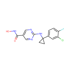 O=C(NO)c1cnc(NC2(c3ccc(F)c(Cl)c3)CC2)nc1 ZINC000166670561