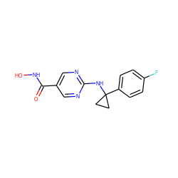 O=C(NO)c1cnc(NC2(c3ccc(F)cc3)CC2)nc1 ZINC000166624553